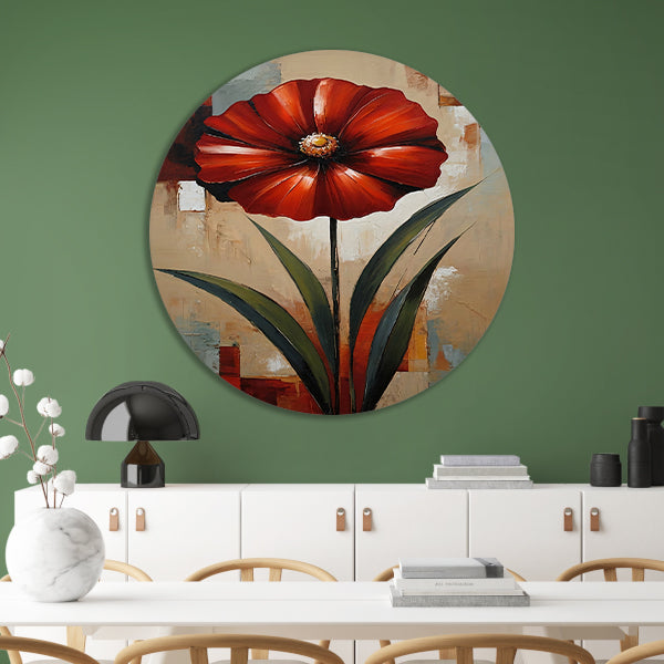 Groot Rood Bloem Canvas in Olieverf Stijl aluminium muurcirkel