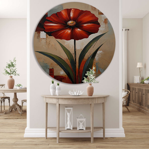 Groot Rood Bloem Canvas in Olieverf Stijl aluminium muurcirkel