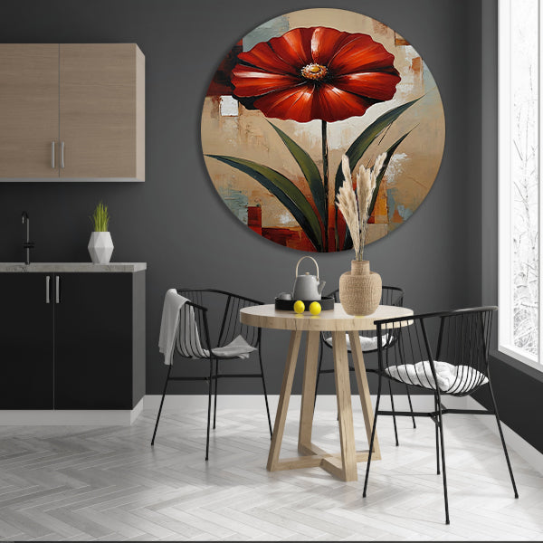 Groot Rood Bloem Canvas in Olieverf Stijl aluminium muurcirkel