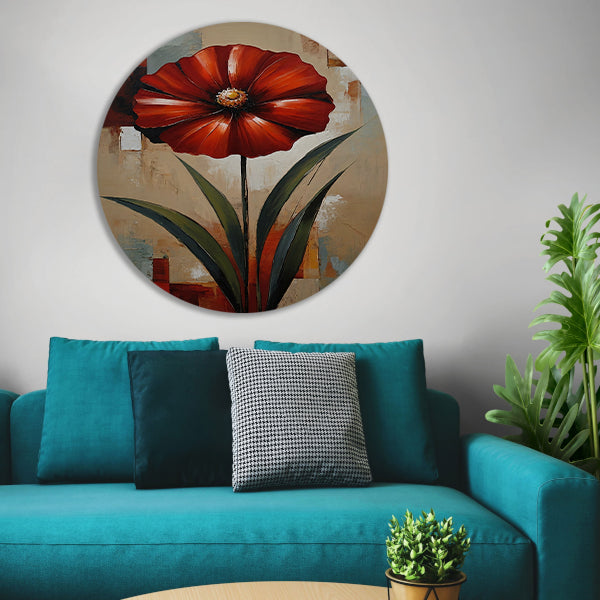 Groot Rood Bloem Canvas in Olieverf Stijl aluminium muurcirkel