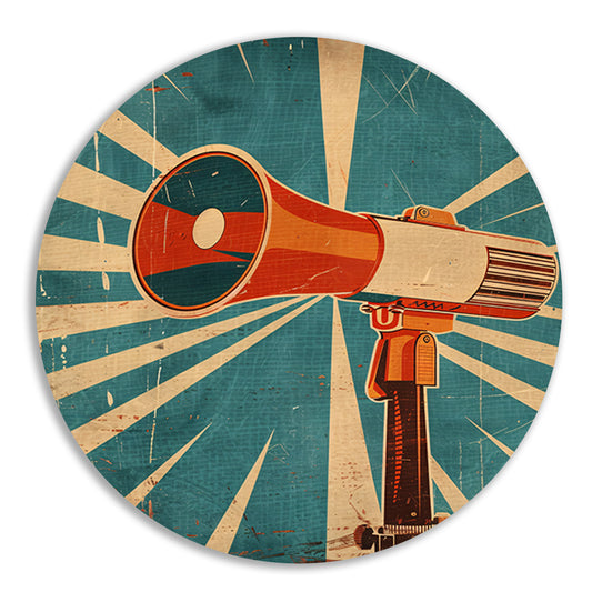 Retrofuturistische Kunst: Vintage Megafoon aluminium muurcirkel