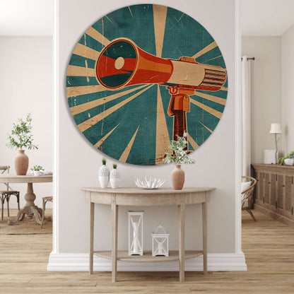 Retrofuturistische Kunst: Vintage Megafoon aluminium muurcirkel
