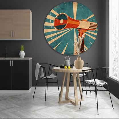 Retrofuturistische Kunst: Vintage Megafoon aluminium muurcirkel