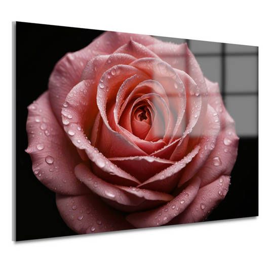 Roze Roos met Dauwdruppels op Zwart acrylglas