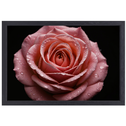 Roze Roos met Dauwdruppels op Zwart canvas met baklijst