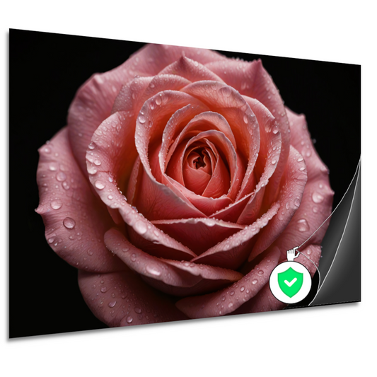 Roze Roos met Dauwdruppels op Zwart poster