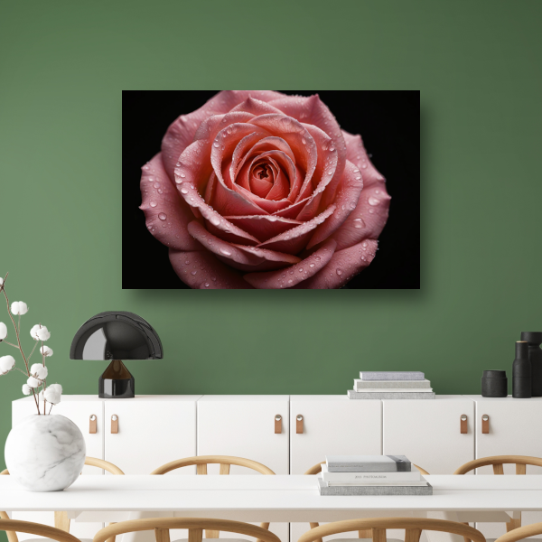 Roze Roos met Dauwdruppels op Zwart canvas