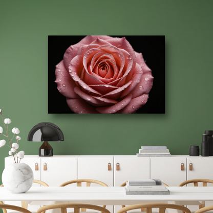 Roze Roos met Dauwdruppels op Zwart canvas