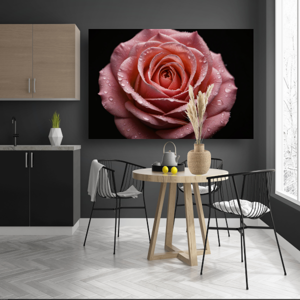 Roze Roos met Dauwdruppels op Zwart canvas