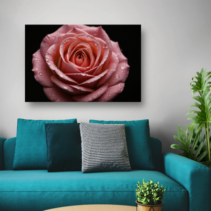 Roze Roos met Dauwdruppels op Zwart canvas