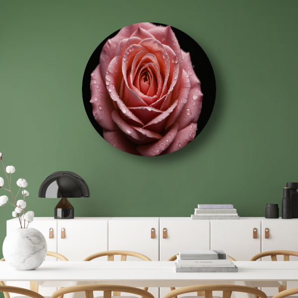Roze Roos met Dauwdruppels op Zwart aluminium muurcirkel