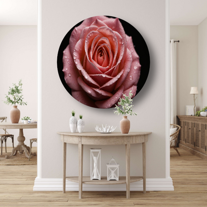 Roze Roos met Dauwdruppels op Zwart aluminium muurcirkel