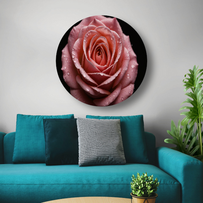 Roze Roos met Dauwdruppels op Zwart aluminium muurcirkel