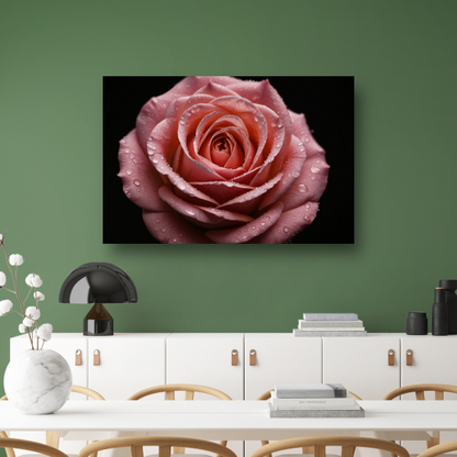 Roze Roos met Dauwdruppels op Zwart poster