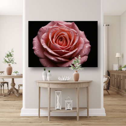 Roze Roos met Dauwdruppels op Zwart poster