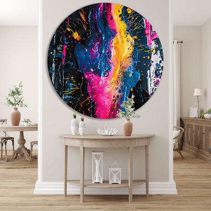 Kleurrijke abstracte kunst met spetters aluminium muurcirkel