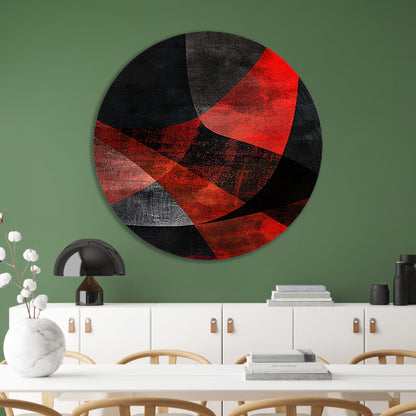 Abstract rood en zwart kunstwerk met diepte aluminium muurcirkel