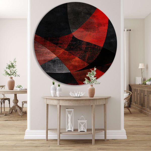Abstract rood en zwart kunstwerk met diepte aluminium muurcirkel