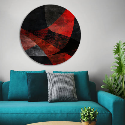 Abstract rood en zwart kunstwerk met diepte aluminium muurcirkel