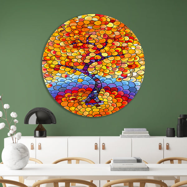 Abstract boom in herfstkleuren aluminium muurcirkel