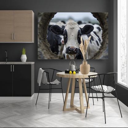 Zwart-wit portret van nieuwsgierige koe in modderige cirkel acrylglas