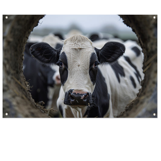 Zwart-wit portret van nieuwsgierige koe in modderige cirkel tuinposter