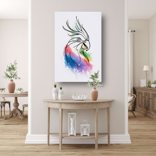 Abstracte waterverf vogel in kleurrijke lijnen canvas met baklijst