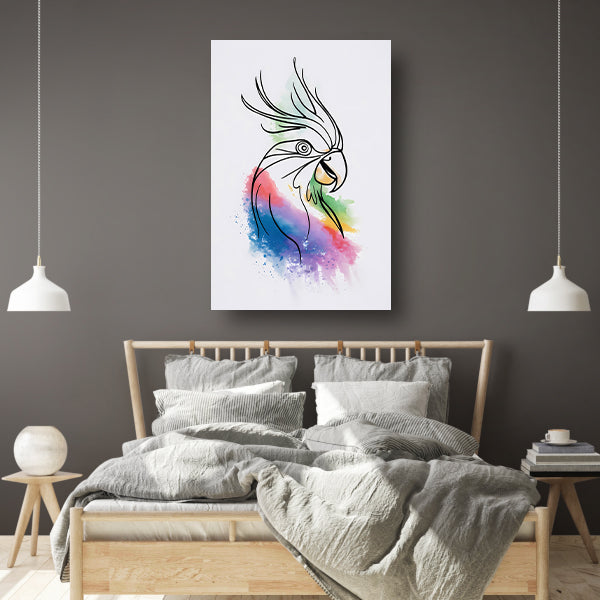 Abstracte waterverf vogel in kleurrijke lijnen canvas met baklijst