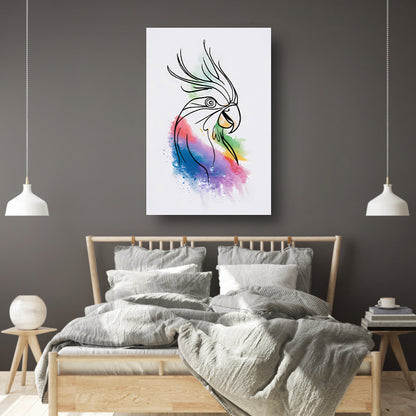 Abstracte waterverf vogel in kleurrijke lijnen canvas met baklijst