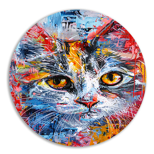 Abstract kleurrijk schilderij van een kat aluminium muurcirkel