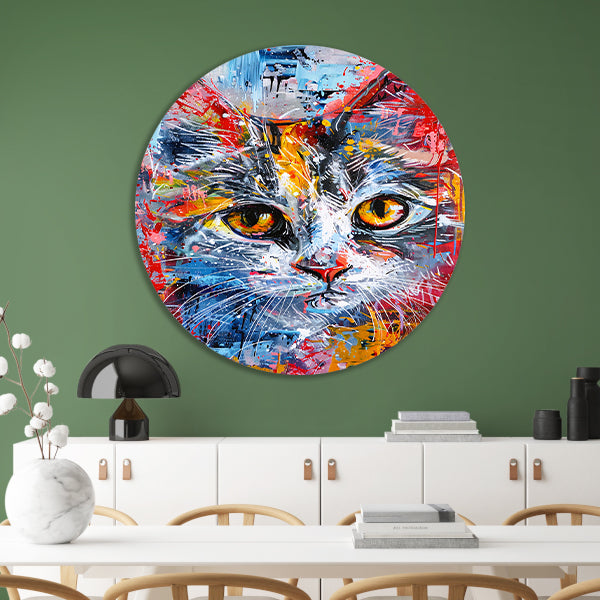 Abstract kleurrijk schilderij van een kat aluminium muurcirkel