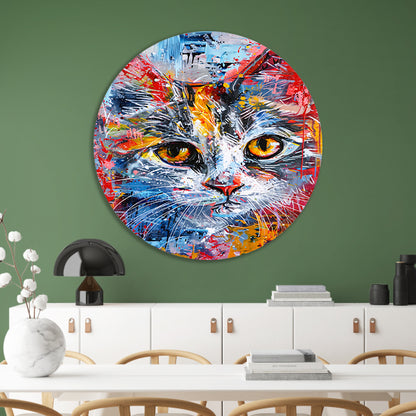 Abstract kleurrijk schilderij van een kat aluminium muurcirkel