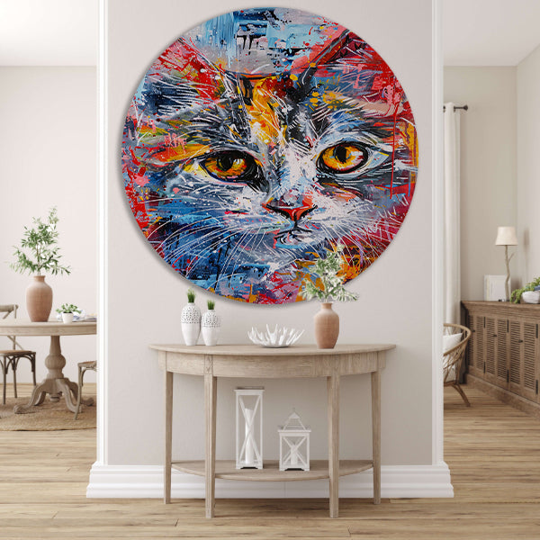 Abstract kleurrijk schilderij van een kat aluminium muurcirkel