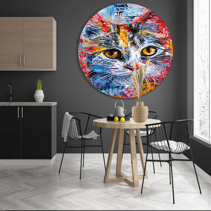 Abstract kleurrijk schilderij van een kat aluminium muurcirkel
