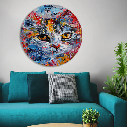 Abstract kleurrijk schilderij van een kat aluminium muurcirkel