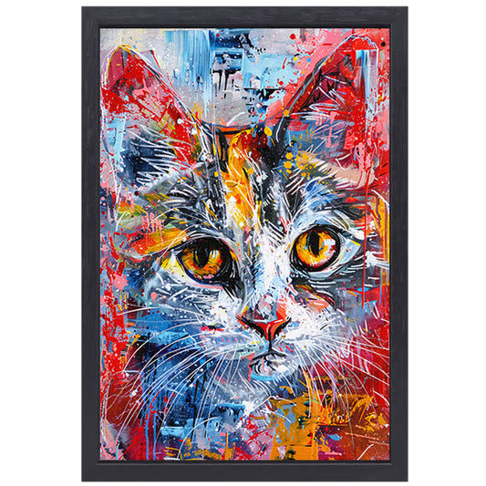 Abstract kleurrijk schilderij van een kat canvas met baklijst