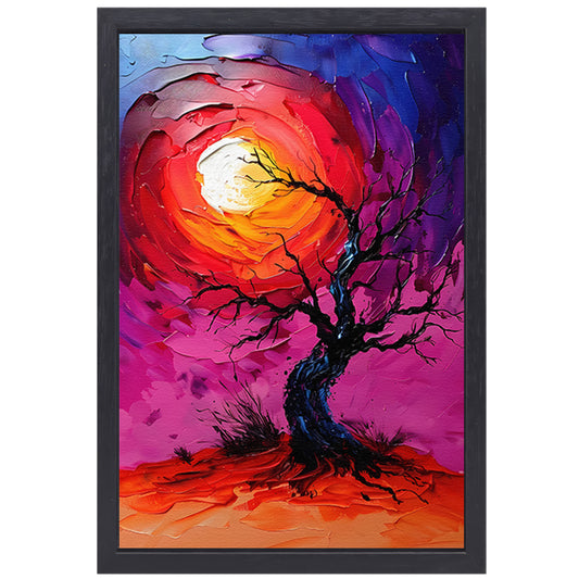 Abstracte kleurrijke boom bij zonsondergang canvas met baklijst