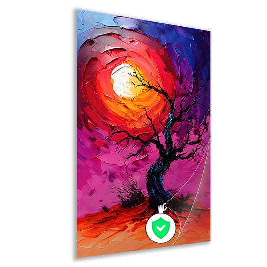 Abstracte kleurrijke boom bij zonsondergang poster
