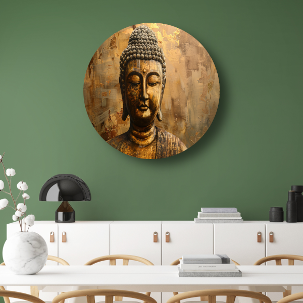 Boeddha in gouden gloed met rustieke achtergrond aluminium muurcirkel