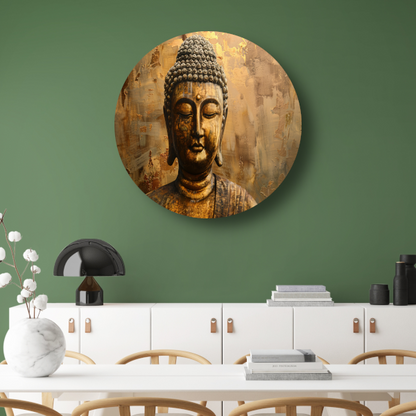 Boeddha in gouden gloed met rustieke achtergrond aluminium muurcirkel