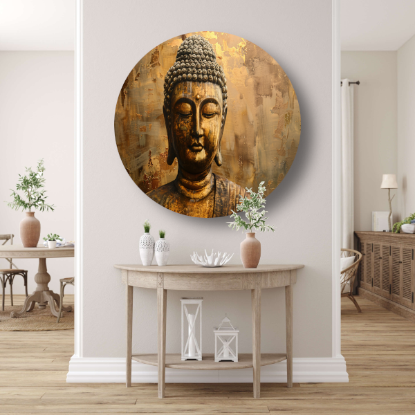 Boeddha in gouden gloed met rustieke achtergrond aluminium muurcirkel