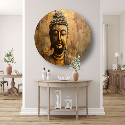 Boeddha in gouden gloed met rustieke achtergrond aluminium muurcirkel