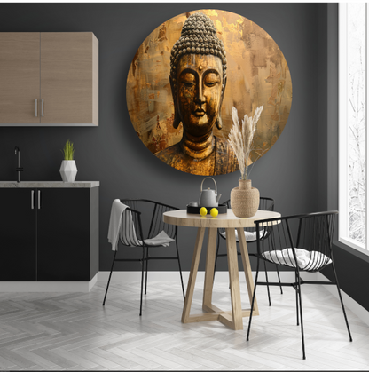 Boeddha in gouden gloed met rustieke achtergrond aluminium muurcirkel