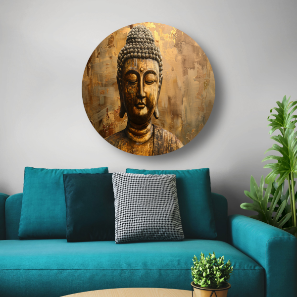 Boeddha in gouden gloed met rustieke achtergrond aluminium muurcirkel