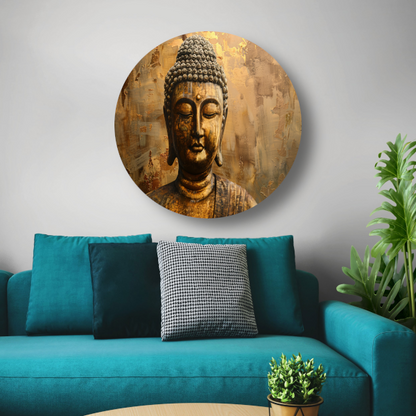 Boeddha in gouden gloed met rustieke achtergrond aluminium muurcirkel