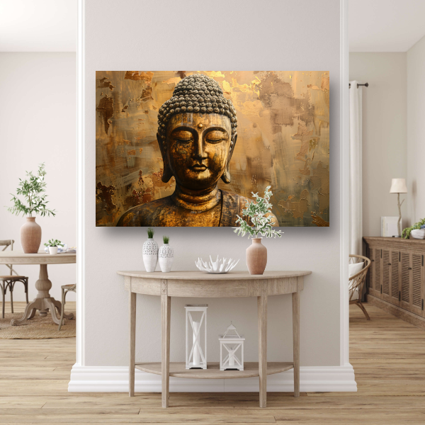 Boeddha in gouden gloed met rustieke achtergrond canvas