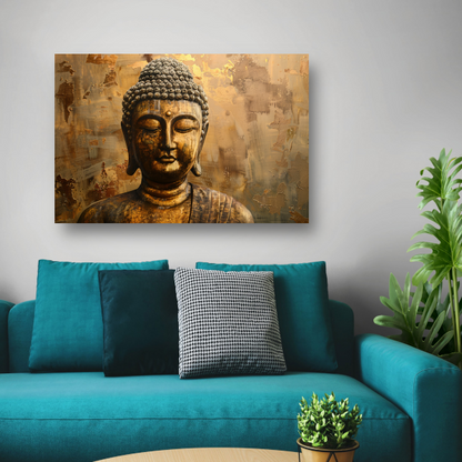 Boeddha in gouden gloed met rustieke achtergrond canvas