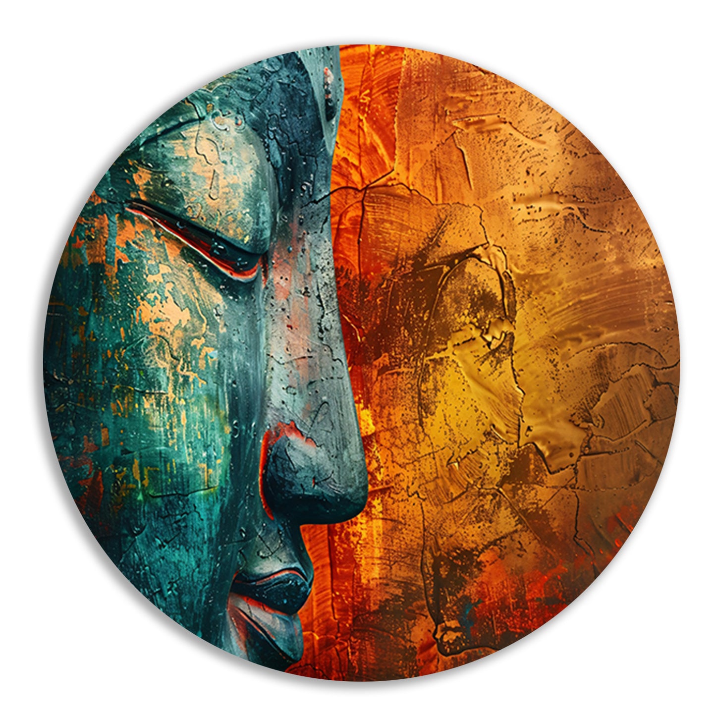 Mystieke Boeddha kunst met kleurrijke texturen aluminium muurcirkel