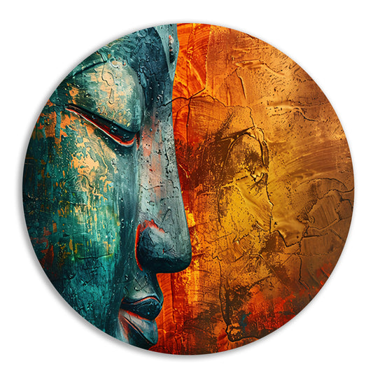 Mystieke Boeddha kunst met kleurrijke texturen aluminium muurcirkel