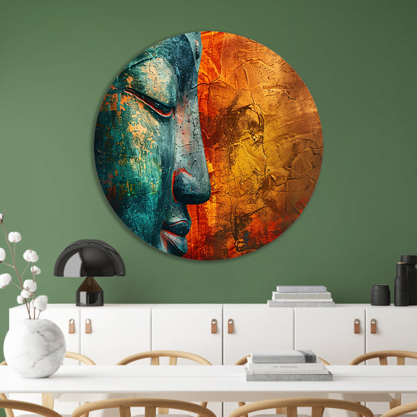 Mystieke Boeddha kunst met kleurrijke texturen aluminium muurcirkel